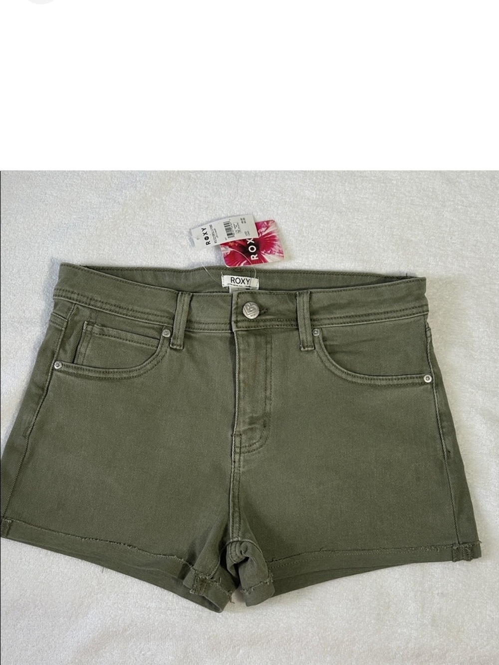 Roxy 7 Shorts Juniors Life is Short Green Pockets Cuffed Hem Jean NWT